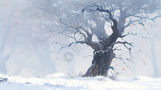冬天大雪中一棵漂亮的卡通就古树背景图片