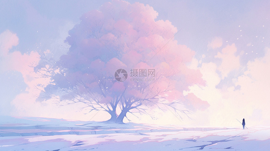 冬天淡粉色梦幻的卡通古树与小小的人物剪影图片