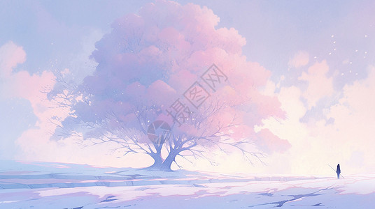 冬季的大树冬天淡粉色梦幻的卡通古树与小小的人物剪影插画