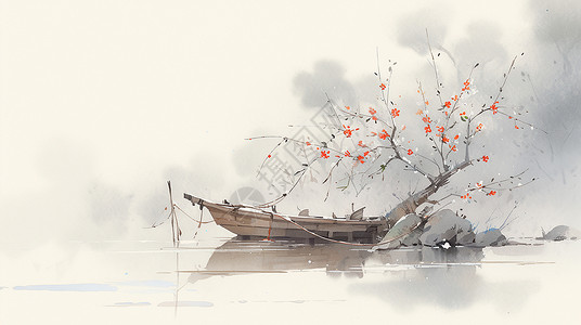 冬天腊梅湖中心盛开的梅花与古船古风水墨画插画