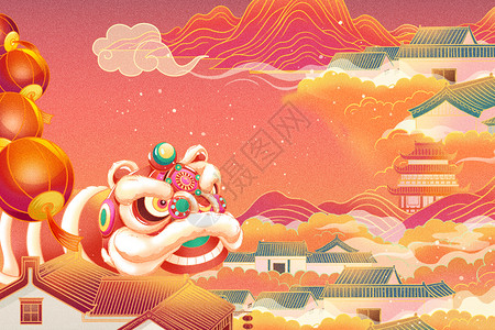 龙年春节祝福红色喜庆喜迎新年醒狮插画插画
