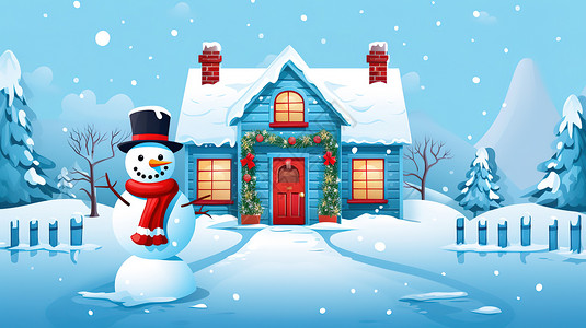 圣诞节日木屋前的雪人背景图片