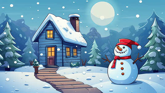 圣诞木屋前的雪人背景图片