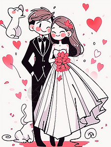 拍婚纱照的情侣手拿红色花朵的新娘幸福拍婚纱照的卡通情侣插画