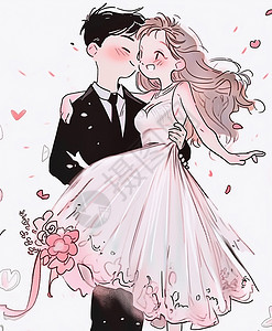 抱着花的情侣新郎抱着新娘幸福卡通情侣插画