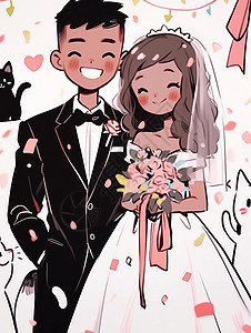 幸福的卡通情侣结婚了背景图片