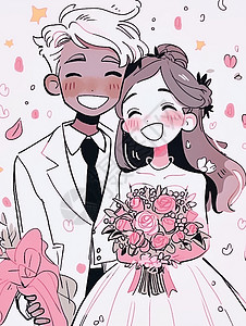 咱们结婚了展板幸福的卡通情侣结婚了插画