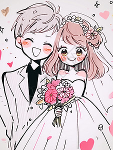 幸福可爱的卡通情侣结婚背景图片