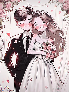 结婚照背景幸福的卡通情侣在举行婚礼插画