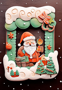 剪贴风相框背着包裹的可爱卡通圣诞老人圣诞主题相框插画