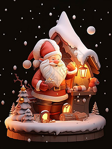 夜晚站在屋外开心笑可爱的卡通圣诞老人高清图片