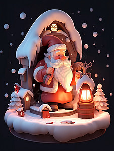 夜晚站在雪屋前的立体可爱卡通圣诞老人背景图片