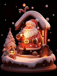 冬天夜穿着圣诞服装手拿着夜灯的白胡子卡通圣诞老人插画