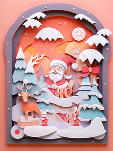 剪纸风可爱的卡通圣诞老人装饰画背景图片