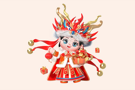 春节古装女孩龙帽娃娃年货节高清图片