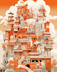 云朵环绕的多层卡通复古房子科幻插画背景图片