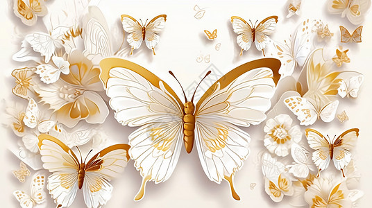 立体装饰画梦幻漂亮的金边白色卡通蝴蝶插画