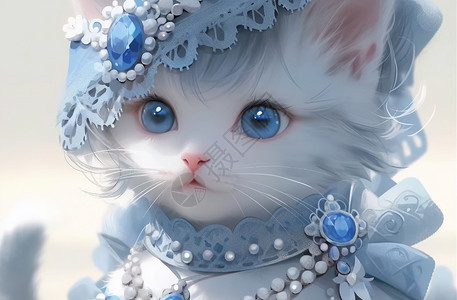 蓝宝石背景戴着蓝宝石帽子的漂亮卡通小猫插画