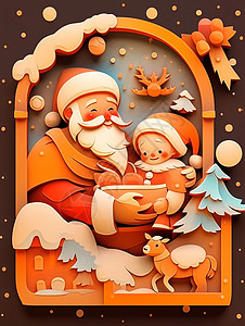 圣诞老人抱着娃娃端着美味的食物剪纸风卡通插画背景图片
