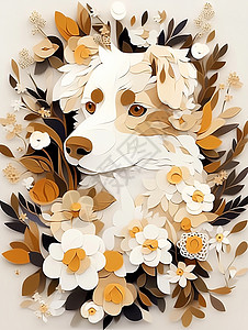 在花丛中可爱的卡通小白狗背景图片