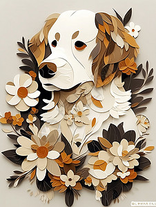 复古剪纸风可爱的卡通小狗与花朵背景图片