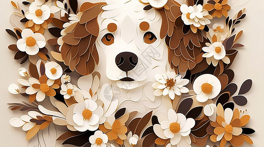 棕色耳朵在花丛中可爱的卡通小狗背景图片