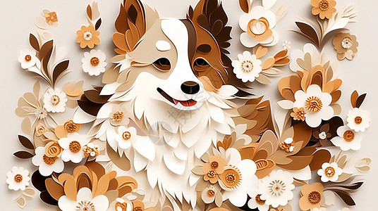剪纸风可爱的卡通小花狗在花丛中背景图片