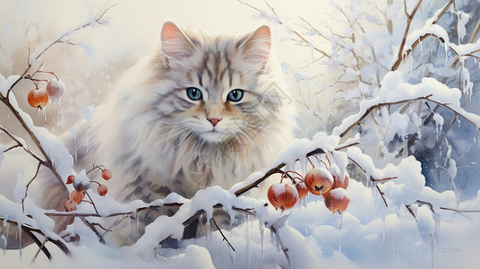 长毛猫一只长毛蓝色眼睛可爱的卡通小花猫在雪地中插画