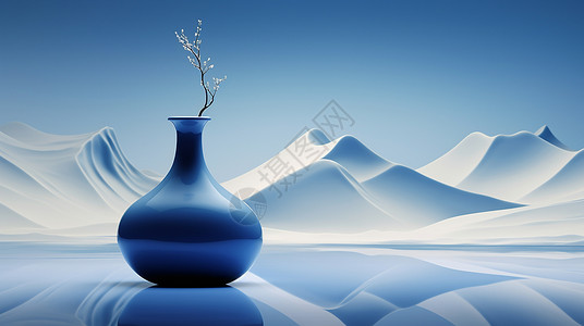 蓝湖在湖面上的蓝色调古风花瓶仿古文物插画
