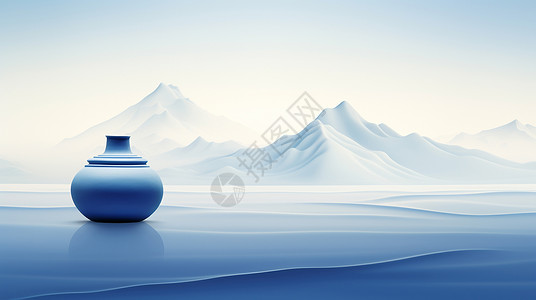 大气蓝画册封面简约大气的风景背景上一个仿古文物瓷瓶插画