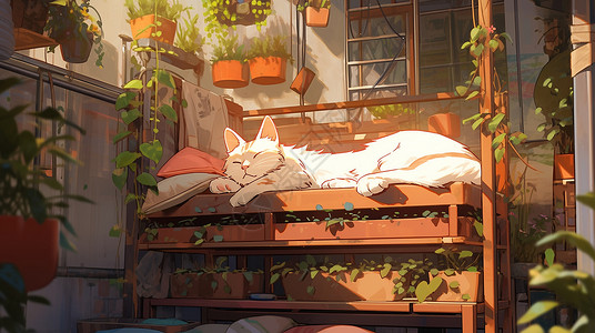 大睡睡在柜子上晒太阳的卡通大白猫插画