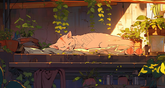 房间木板趴在木板上睡觉的可爱卡通小猫插画