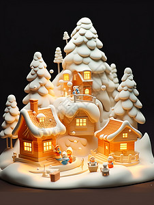亮着灯温馨可爱的卡通圣诞小房子背景图片