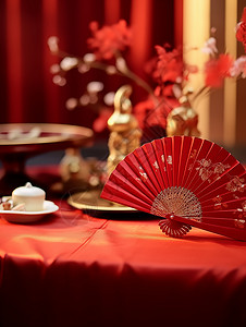 红色的扇子一把展开的红色扇子放在桌子上喜庆背景插画