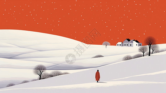 天空下的雪漫天飘雪的天空下一个小小的卡通人物剪影走向远处的房子插画