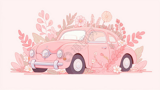在花丛中的小清新淡粉色卡通汽车背景图片