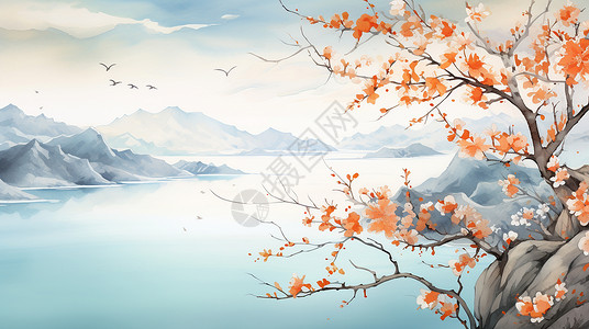 湖畔盛开的橙色花朵唯美水墨古风山水画背景图片