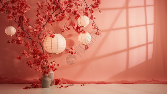 新春红色花朵电商背景背景图片