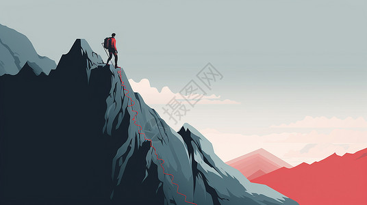 在山顶上领域站在高高的山顶上背着包的卡通人物剪影插画