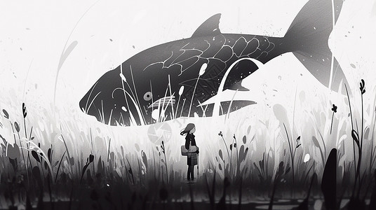 站在草地上的卡通小女孩与大鱼黑白卡通插画背景图片