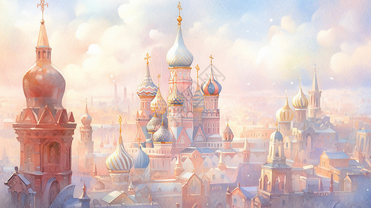 梦幻复古的水彩风卡通城堡背景图片