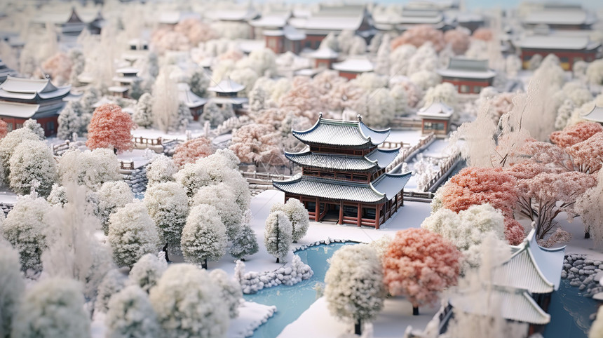 冬天下雪的紫禁城微距场景图片
