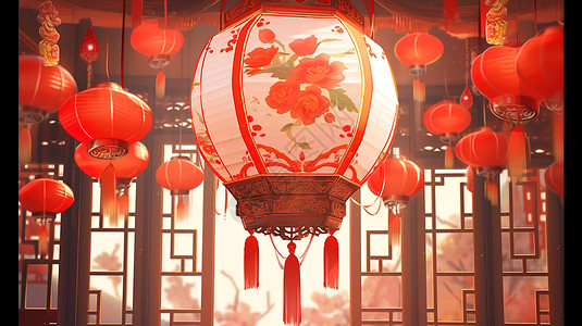 中国风灯笼装饰中国风传统悬挂灯笼插画