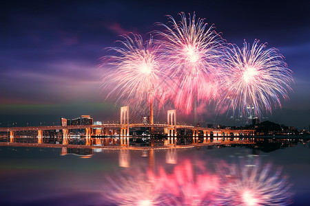 五彩烟花城市夜景烟花背景设计图片