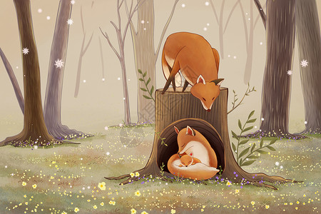 婴儿熟睡熟睡的狐狸宝宝插画