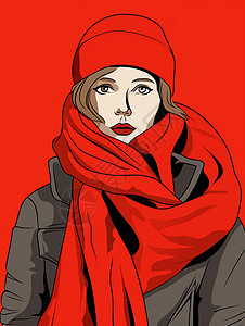 围着红色围巾戴着红帽子的卡通女人背景图片