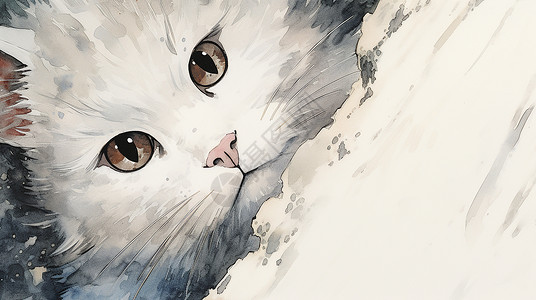 躲在墙后面大眼睛可爱的卡通小猫背景图片