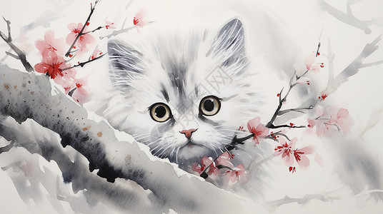 水彩风可爱的小花猫与梅花背景图片