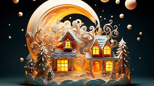 圣诞除夕房子后面有一个大大的月牙的立体可爱卡通小屋插画