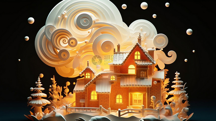 云朵下一座立体温馨的可爱卡通圣诞屋图片